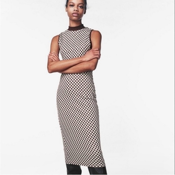 ZARA Brown White Checkered Mock Neck Midi Dress Sleeveless Size Small Women’s - Picture 1 of 8